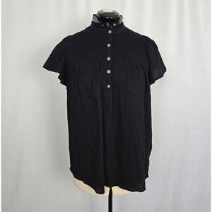 Style & Co Cap Sleeve Blouse Women's 0X Black Henley Mock Smocked Top NWT